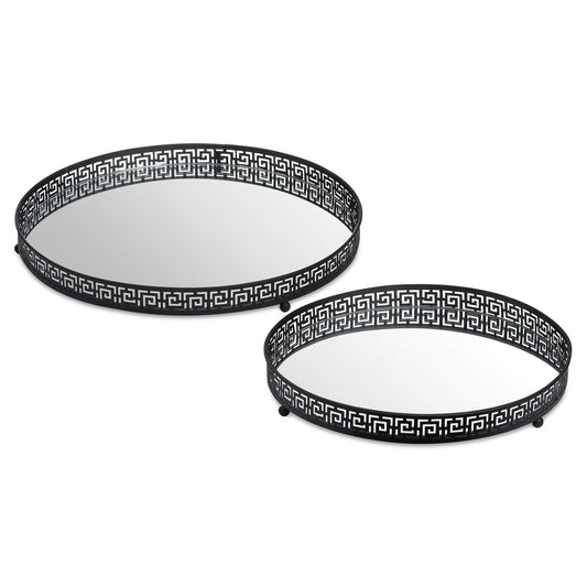 Set Of Two Circular Aztec Black Mirrored Trays