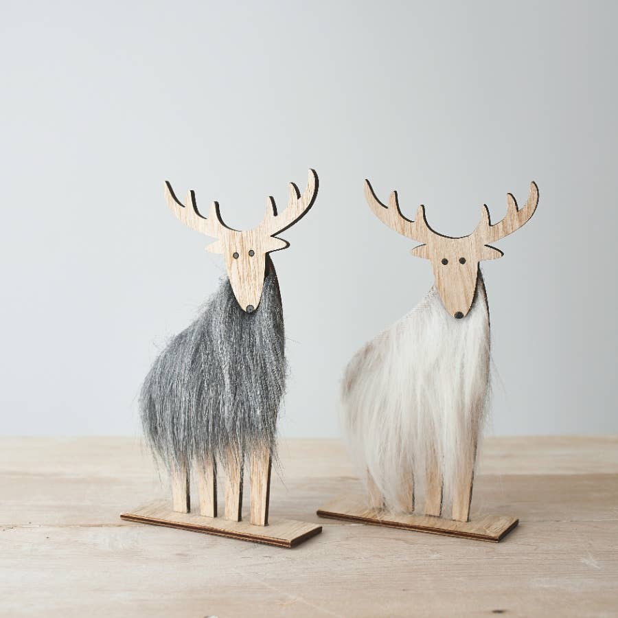 Faux Fur Wooden Reindeer, 21.5cm