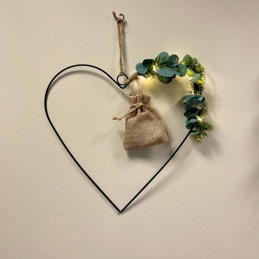 Black Wire LED Heart With Eucalyptus, 50cm