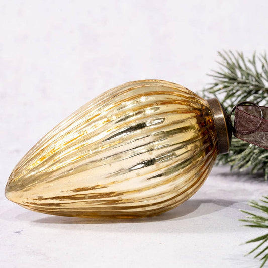 4" Extra Large Gold Ribbed Glass Pinecone