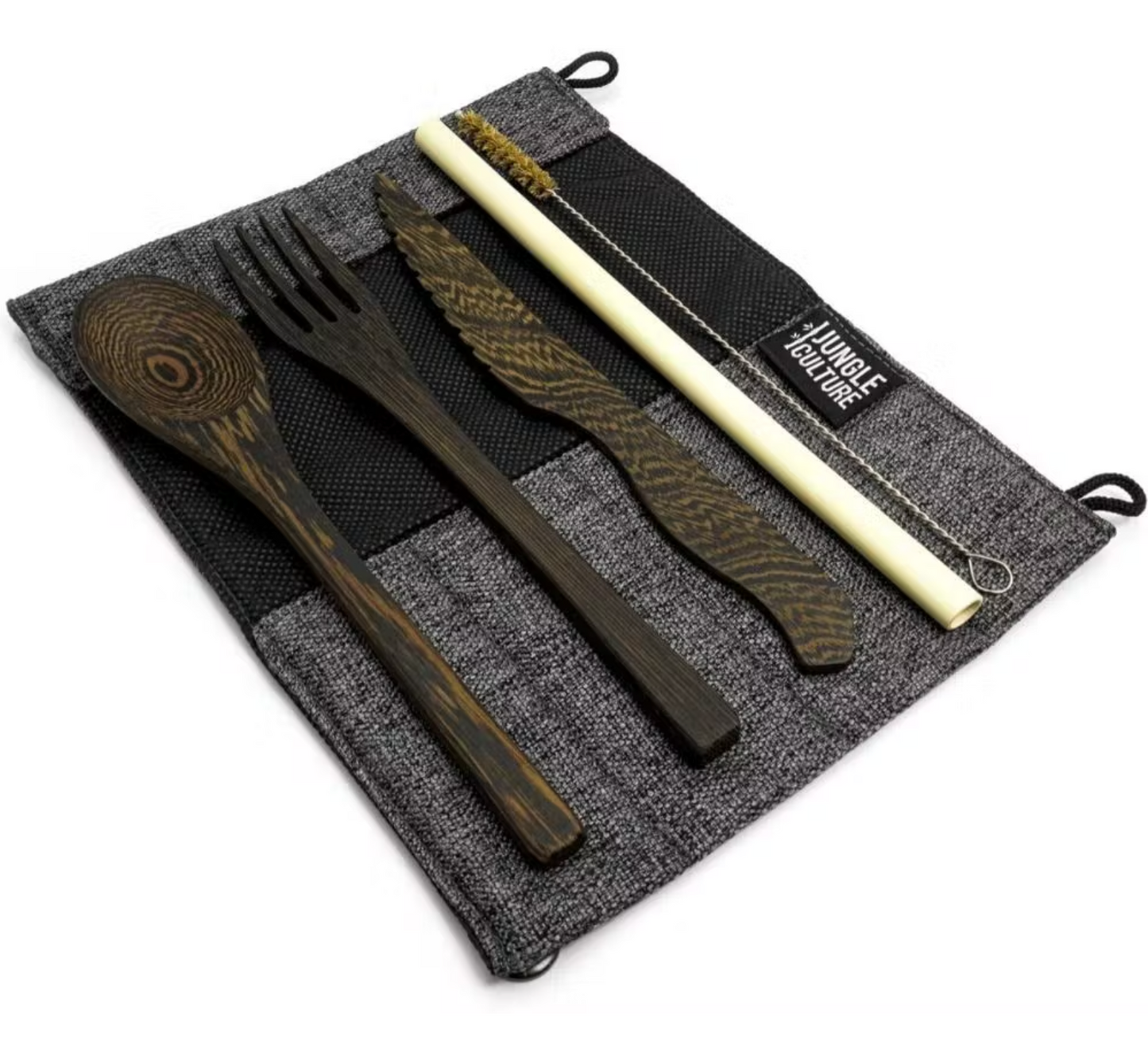 Reusable dark wood cutlery set in natural dark grey cotton pouch | wooden utensils