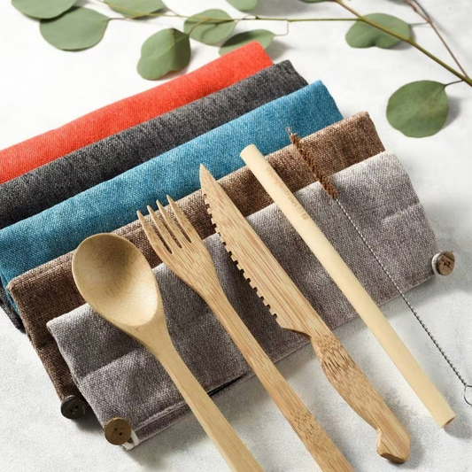 Reusable bamboo cutlery set in natural cotton pouch Berry red | wooden utensils