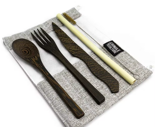 Reusable dark wood cutlery set in natural cotton pouch Light grey | wooden utensils