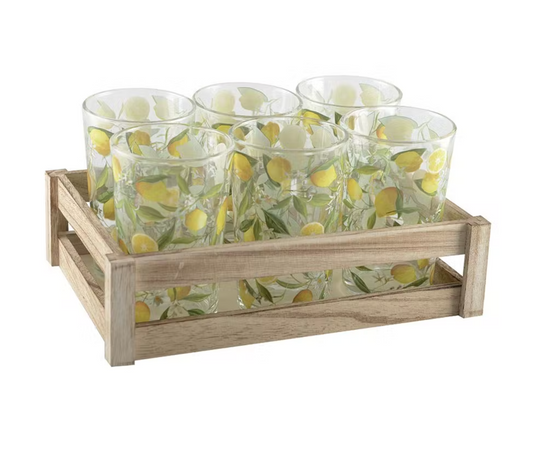 Set of 6 glasses in lemon design with wooden serving basket
