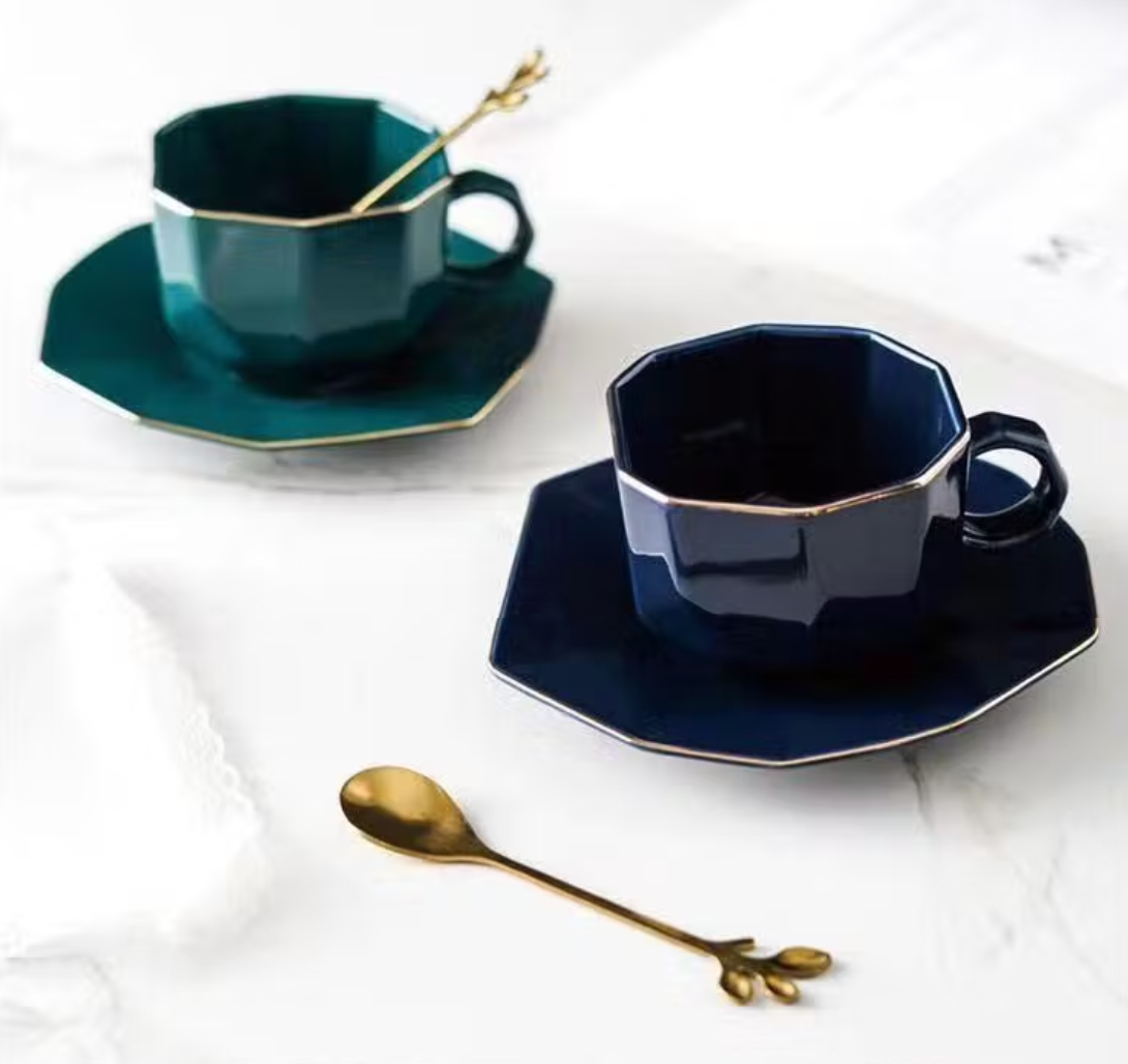 Set of two ceramic geometric cup with saucer and spoon