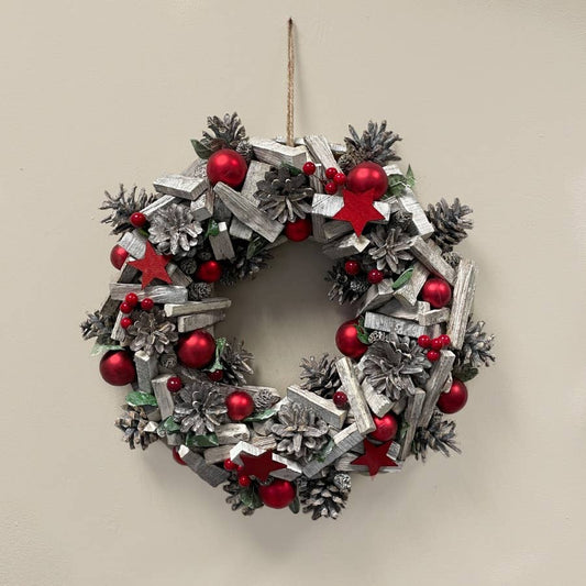 Silver and Red Wooden Christmas Wreath, 40cm